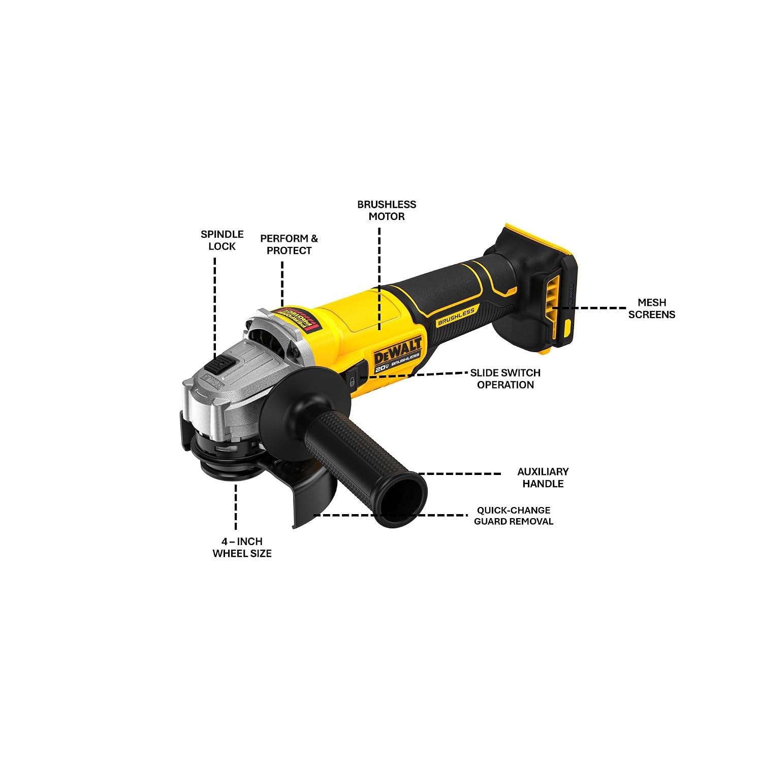 DEWALT DCG407N-B1 18V(20V MAX) 100mm (4) Cordless Brushless Slide Angle Grinder – BARE TOOL, 9000 RPM No Load Speed, SIDE HANDLE INCLUDED