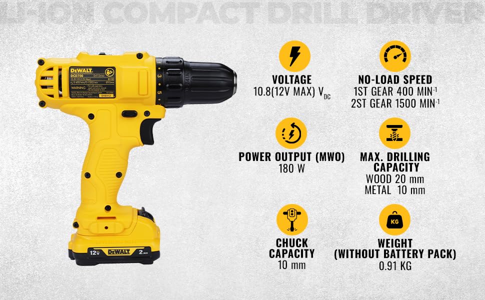 DEWALT DCD700D2-B1 12V, 10mm XR Li ion Cordless Drill Driver with 2×2.0 Ah Batteries included