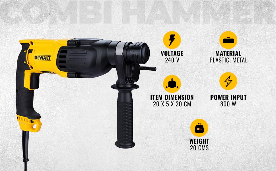 DEWALT D25133K Combi Hammer For Drilling, Hammering & Chipping, 800W 26mm SDS-Plus 3 Mode 2Kg