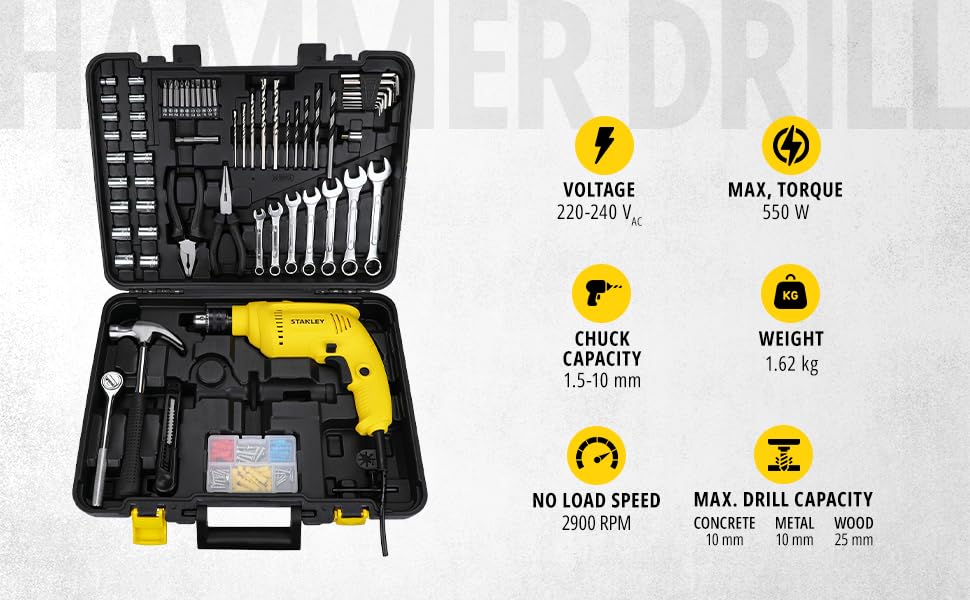 STANLEY SDH550KM-IN 550W 10mm Corded Single Speed Hammer Drill Machine with Mechanical Hand Toolkit (120-Pieces) – Includes Hammer Drill, Measuring Tape, Hammer, 1 Year Warranty