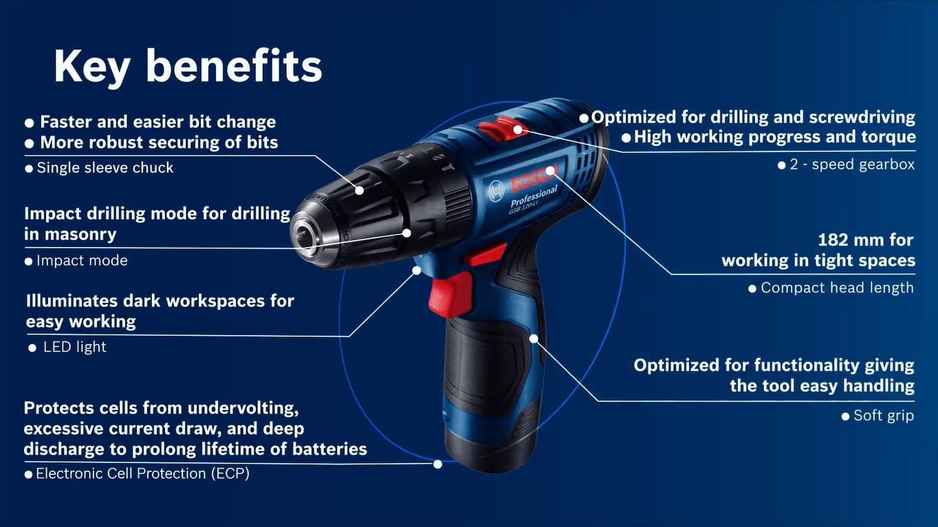 BOSCH Professional GSB 120-LI Cordless Impact Drill Driver, 12 V, 10 mm Chuck, 2 x GBA 12 V 2.0Ah Battery, 1 x GAL 12V-20 Charger & 23 Pcs Accessories Set, 1 Year Warranty