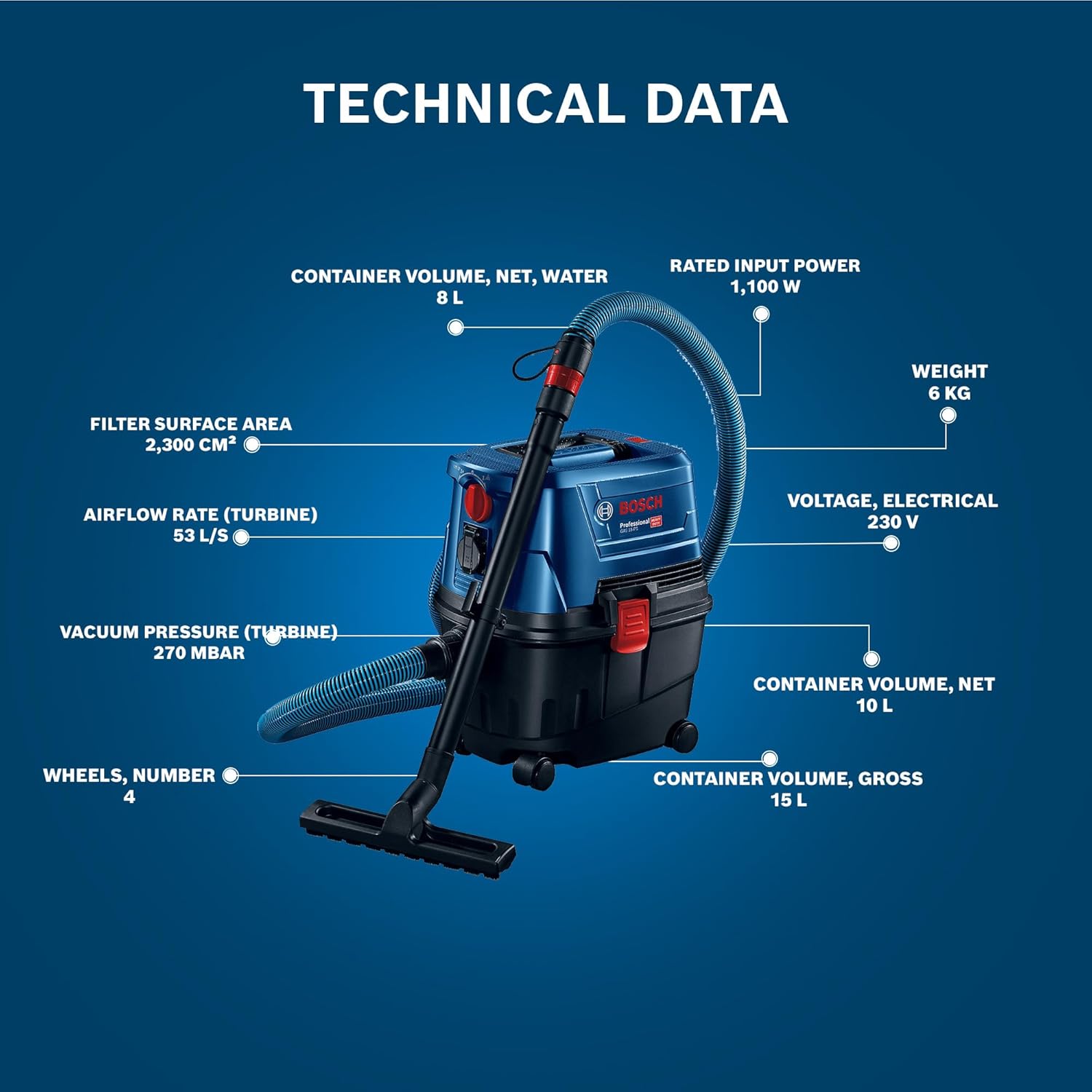Bosch GAS 15 PS Heavy Duty Corded Electric Wet & Dry Vacuum Cleaner, 1,100W, 270 mbar, 10 Litre Tank , 6 kg + Nozzle & Accessories, 1 Year Warranty
