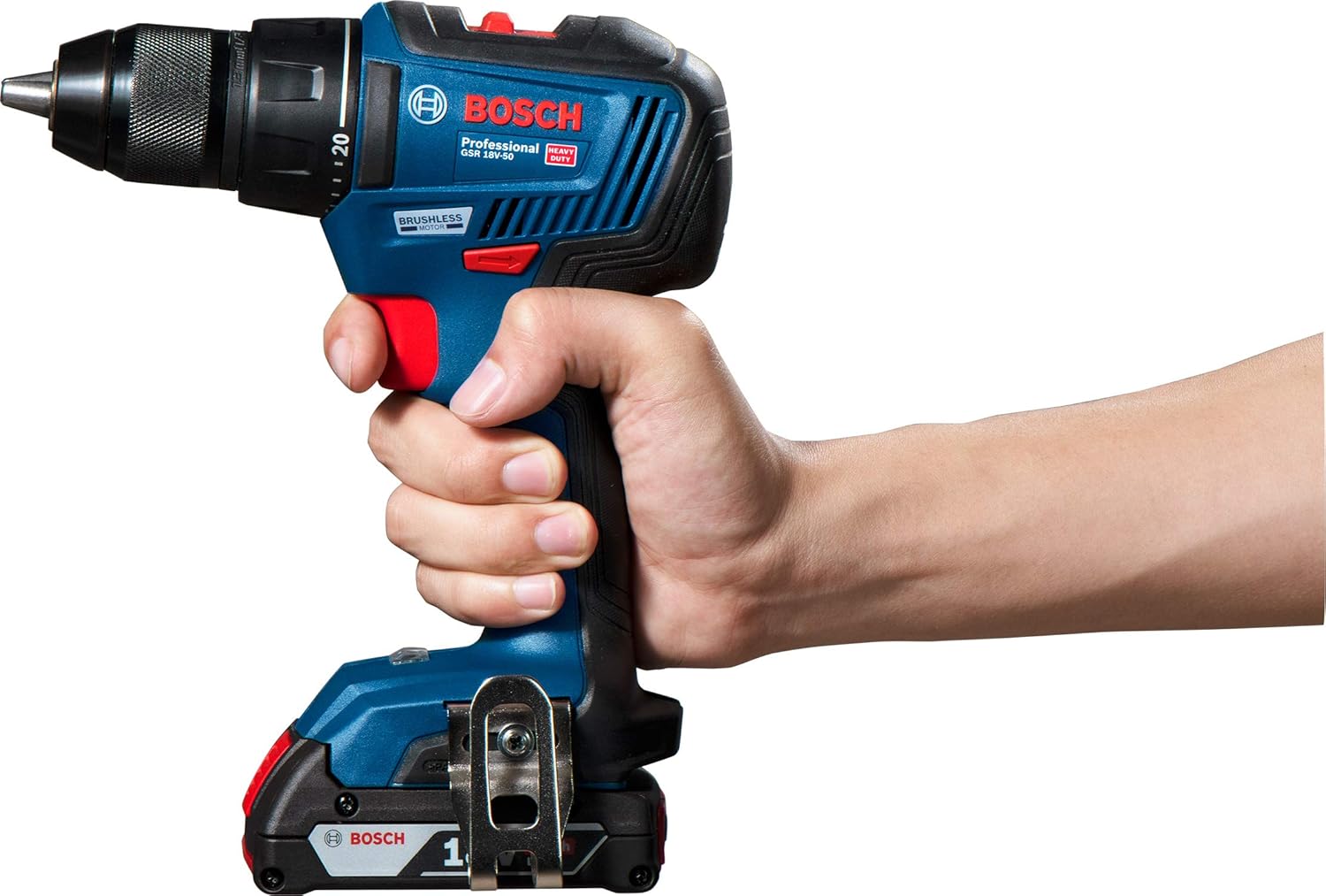 Bosch GSR 18V-50 Heavy-Duty Cordless Drill/Driver, 1.5/13 mm Chuck capacity, Brushless Motor, Metal Chuck, 1 kg, 2 x battery GBA 18V 2.0Ah + Quick charger GAL 18V-40 + L-CASE, 1 Year Warranty