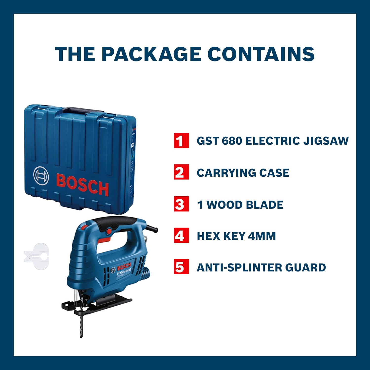BOSCH GST 680 Corded Electric Jigsaw 500W Motor Stroke rate at No Load- 800-3100 spm Cutting Depth 68mm Lightweight & Portable 1 Wood Blade & 1 Allen Key Included