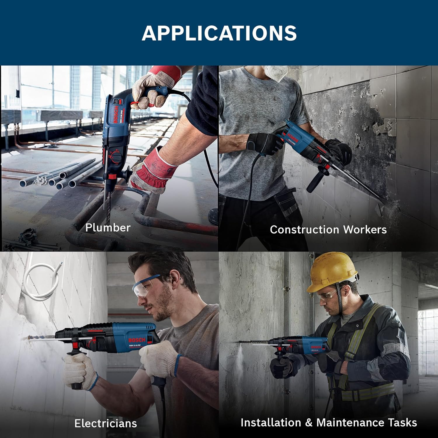 BOSCH GBH 2-26 RE Professional Rotary Hammer – SDS Plus | 800 W | SDS Plus Tool Holder | Rated Speed 0-900 rpm | Impact Rate 0-4000 BPM | Impact energy 0-2.7 J| Rotation Control Clutch | 1 Yr Warranty