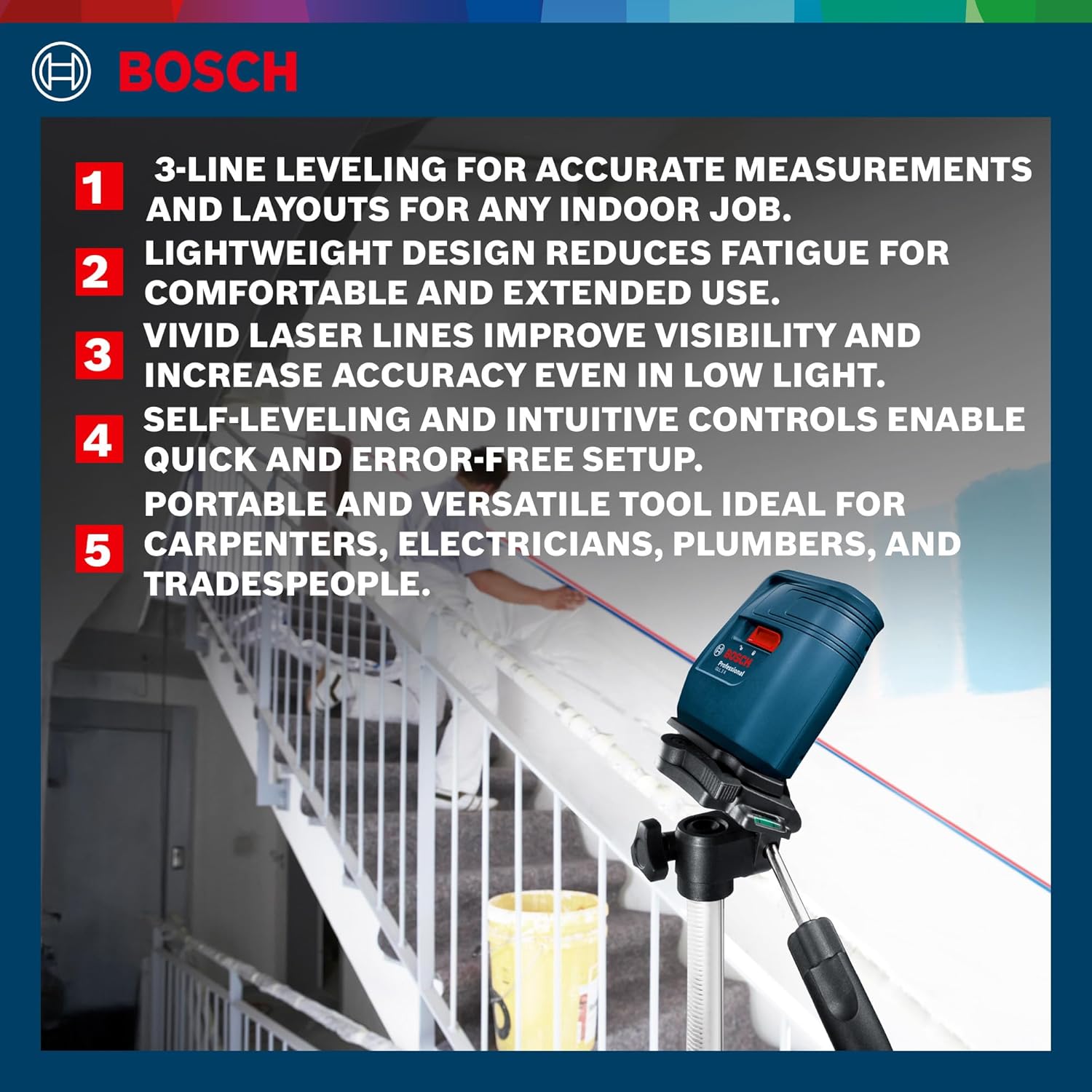 Bosch Professional GLL 3X Line Laser – 15m – Self Levelling – Interior Tool (4 x 1.5 v LR6 battery) (Blue)
