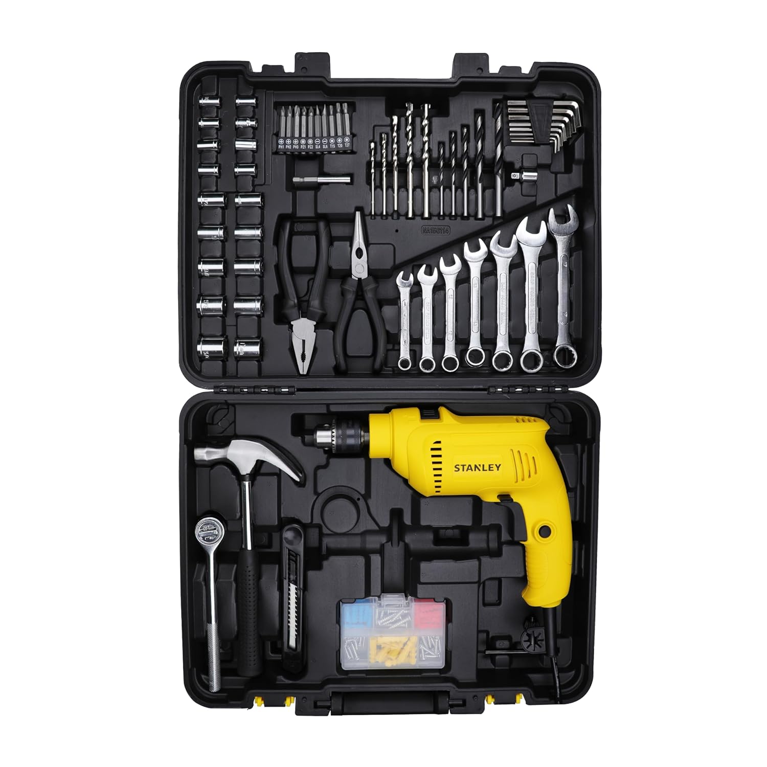 STANLEY SDH550KM-IN 550W 10mm Corded Single Speed Hammer Drill Machine with Mechanical Hand Toolkit (120-Pieces) – Includes Hammer Drill, Measuring Tape, Hammer, 1 Year Warranty, YELLOW & BLACK