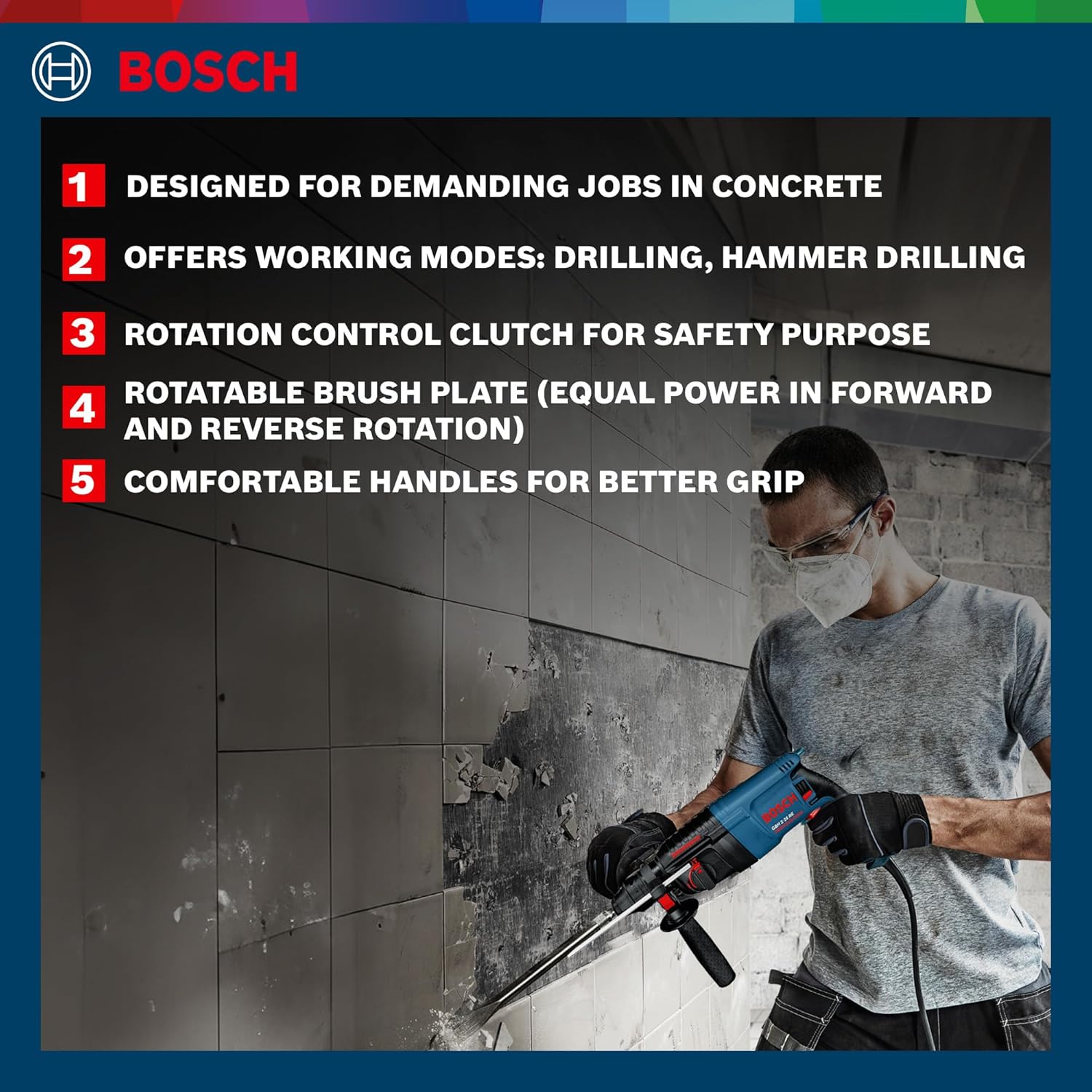 BOSCH GBH 2-26 RE Professional Rotary Hammer – SDS Plus | 800 W | SDS Plus Tool Holder | Rated Speed 0-900 rpm | Impact Rate 0-4000 BPM | Impact energy 0-2.7 J| Rotation Control Clutch | 1 Yr Warranty