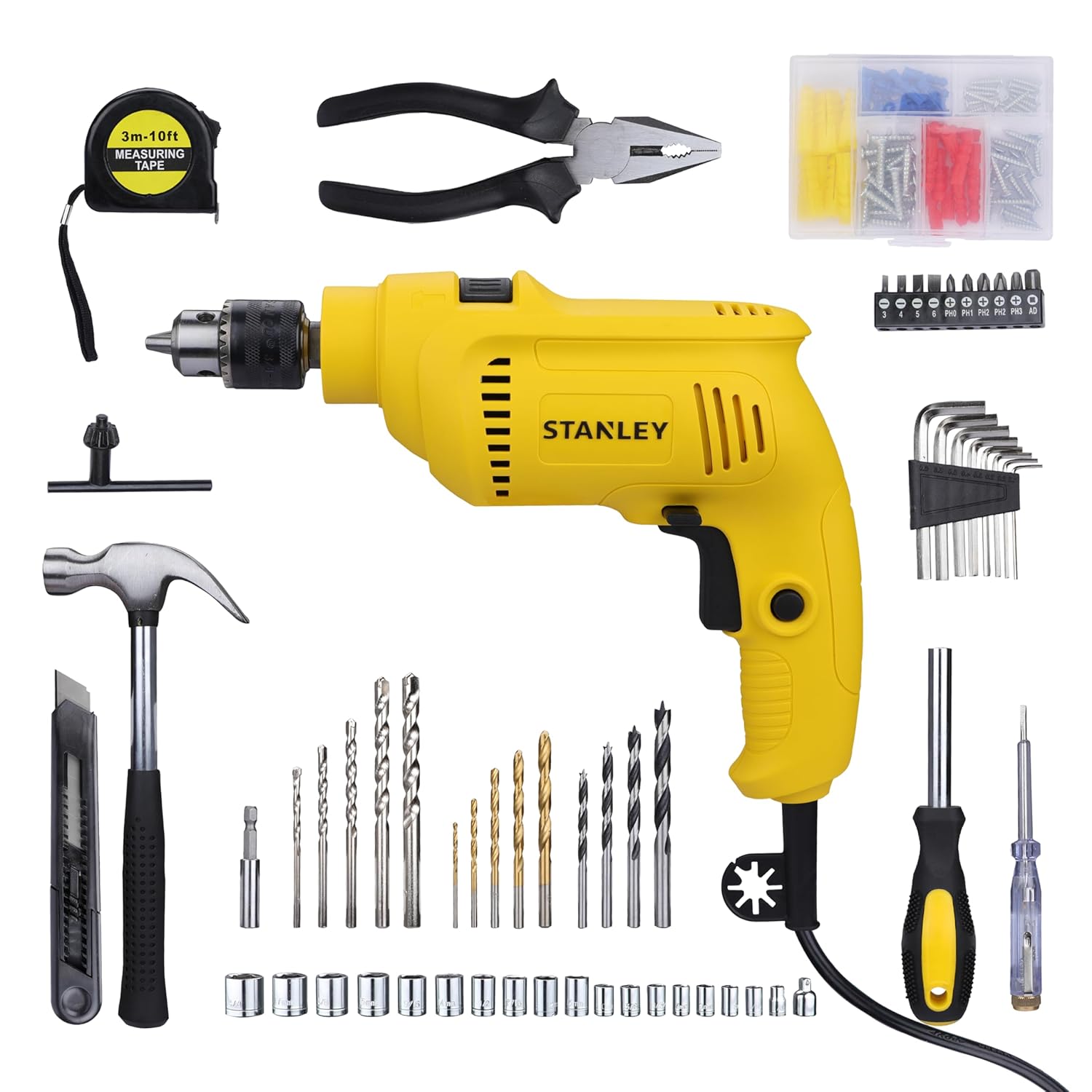 STANLEY SDH550KM-IN 550W 10mm Corded Single Speed Hammer Drill Machine with Mechanical Hand Toolkit (120-Pieces) – Includes Hammer Drill, Measuring Tape, Hammer, 1 Year Warranty