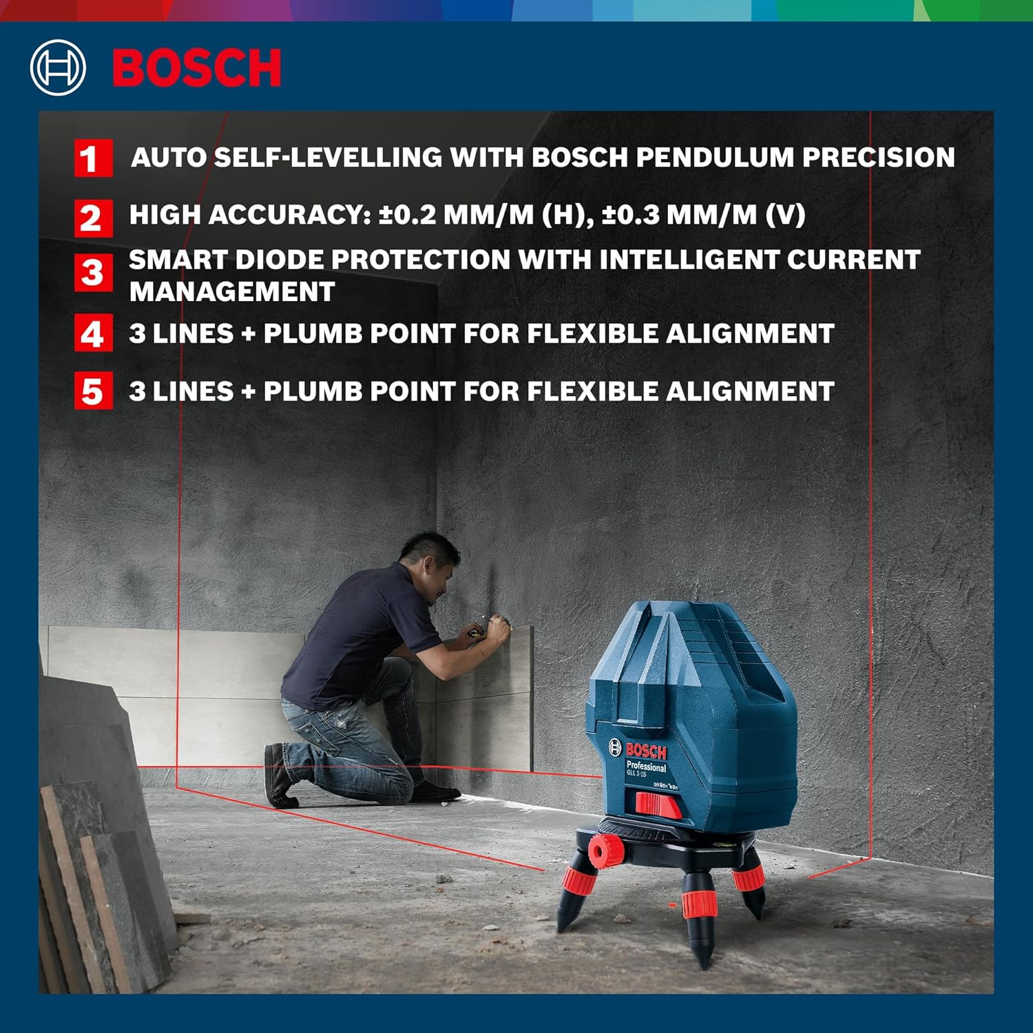 Bosch Professional GLL 3-15X Line Laser, IP54 15m Self Levelling (Accuracy: ± 0.2 mm/m, Blue)